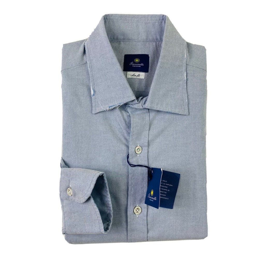 Giannetto Portofino Mens Blue Distressed Button Front Slim Fit Shirt 16/41 NWT